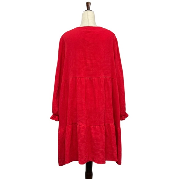 NWT Kaktus V-Neck Ruffle Cuff Tiered Red Gauze Dress Size L - Picture 6 of 9